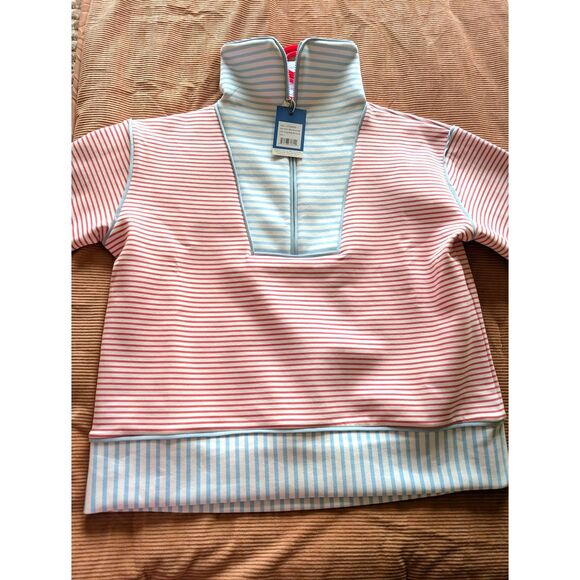 NWT Addison Bay Large Double Knit Alley Quarter Zip Guava Baby Blue Stripe L - Picture 3 of 6